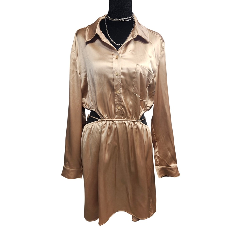Lush Women Champagne Gold Satin Long Sleeve Cut-Out Shirt Dress Size L